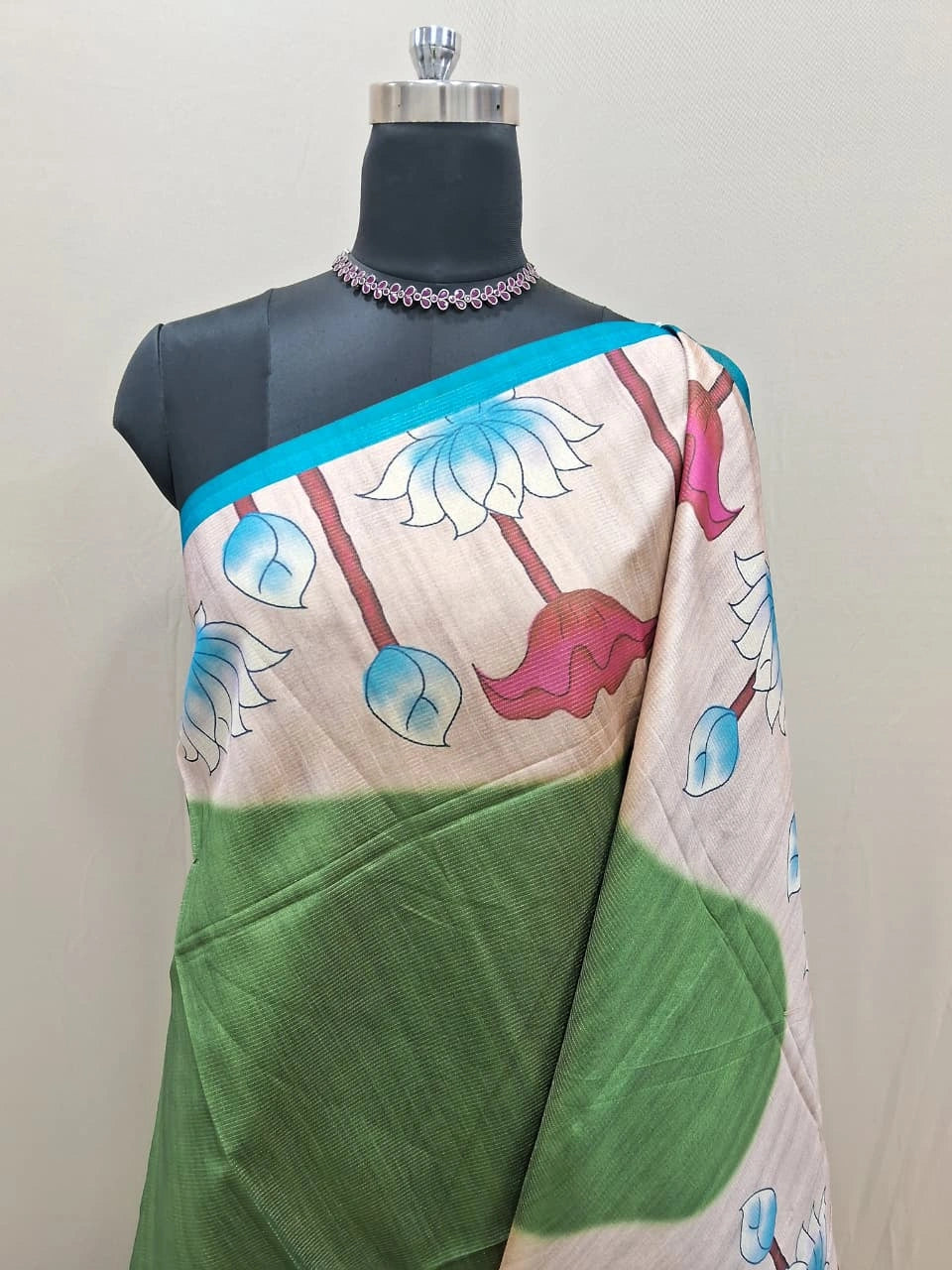  Emerald Green Semi Tussar Saree 1