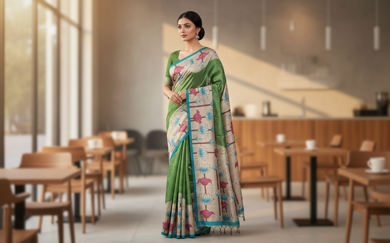 Green Semi Tussar Saree 