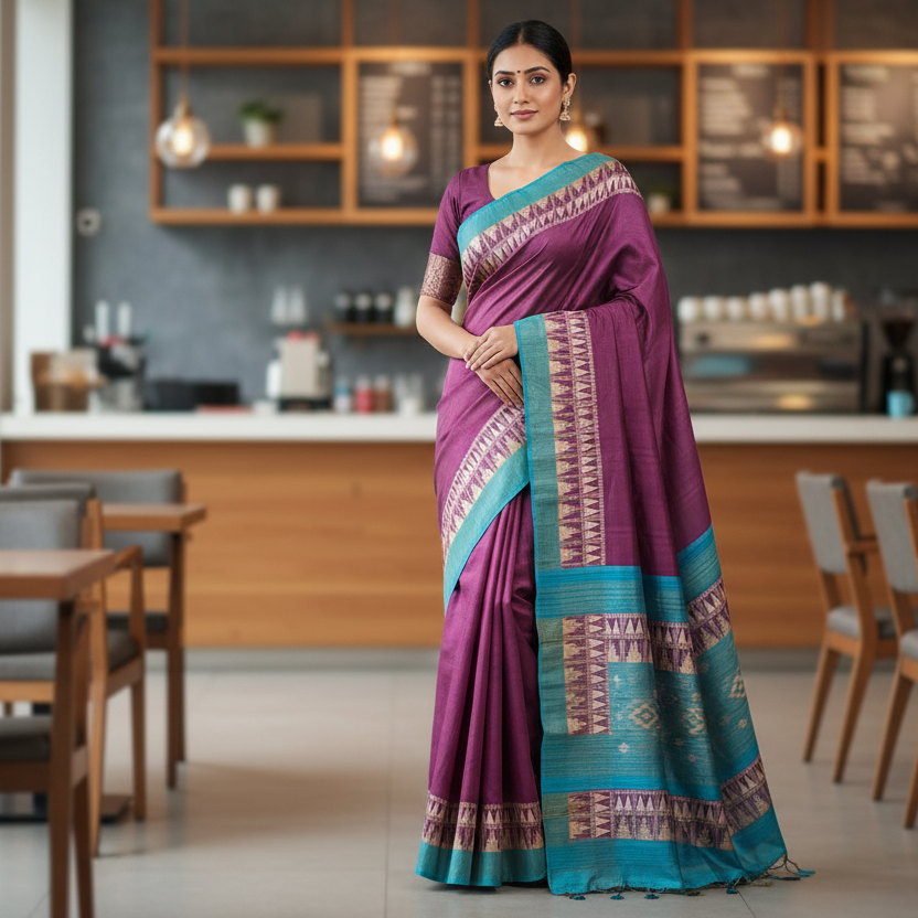 Dark Onion Pink Semi Tussar Saree 