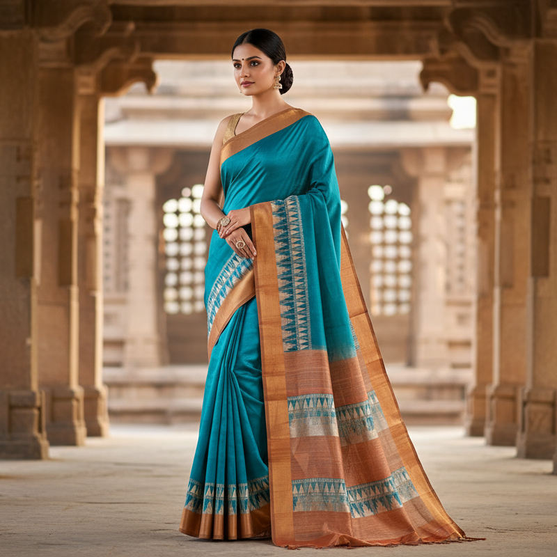 Marine Blue Semi Tussar Saree