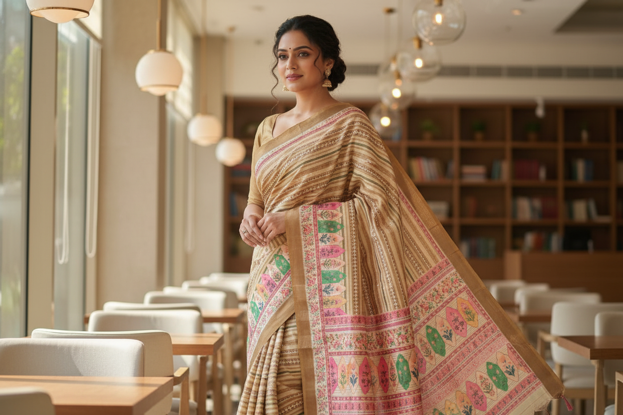 Beige Semi Tussar Saree 