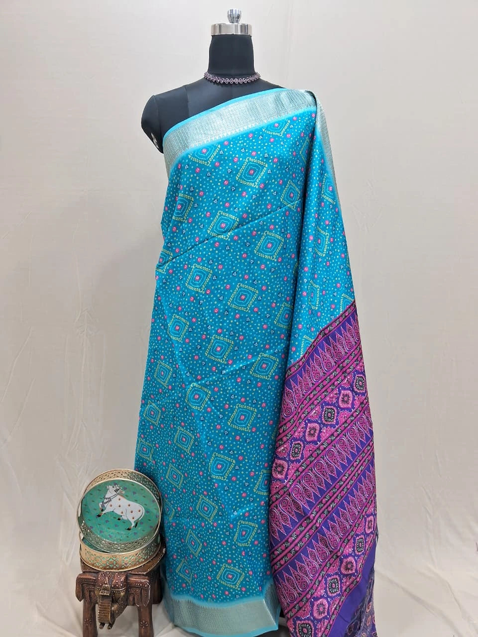 Traditional Sky Blue Semi Tussar Saree