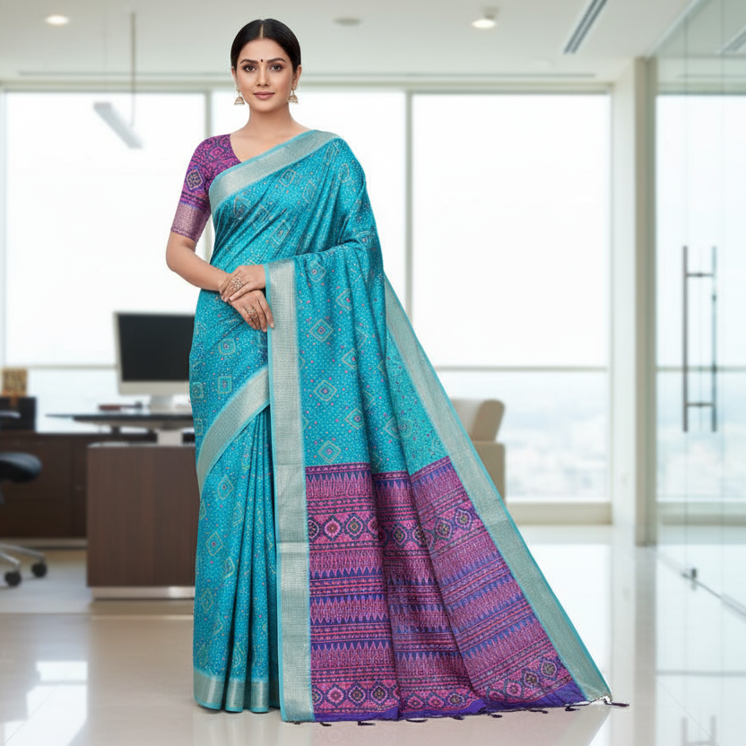 Sky Blue Semi Tussar Saree