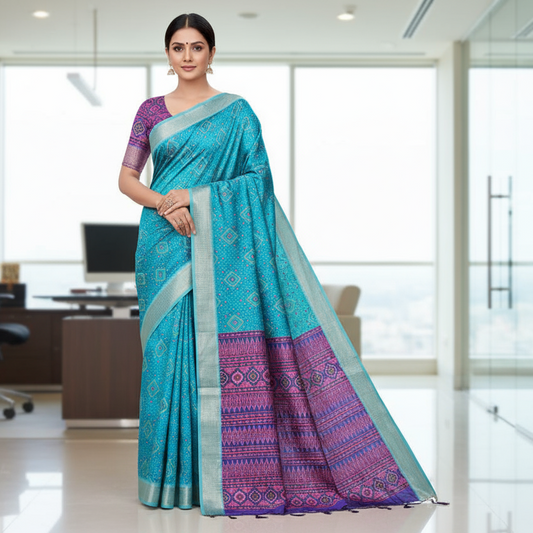 Sky Blue Semi Tussar Saree