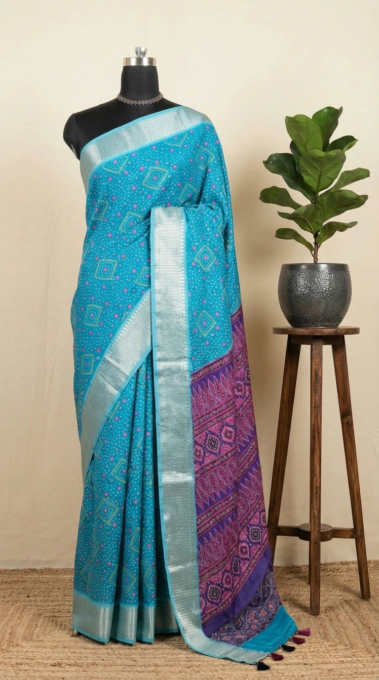 Traditional Sky Blue Semi Tussar Saree
