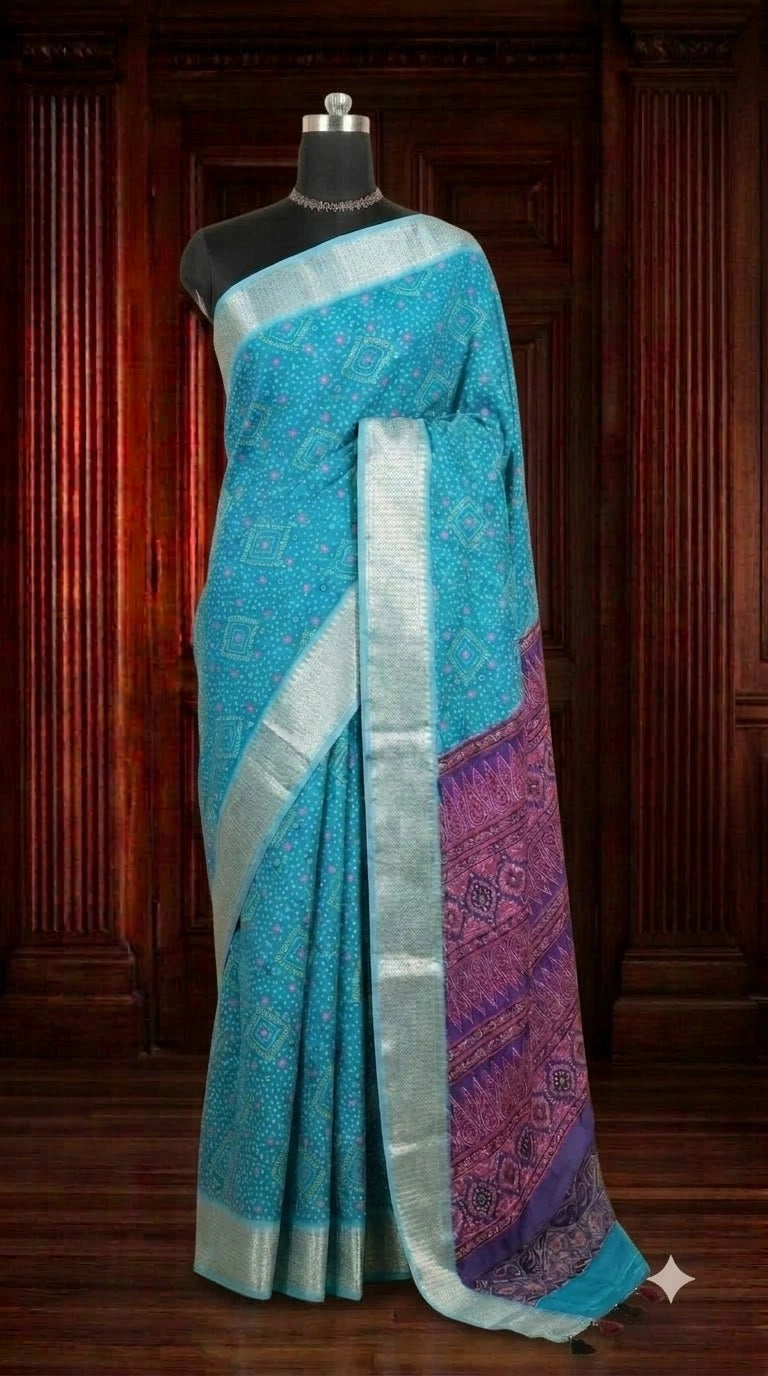 Traditional Sky Blue Semi Tussar Saree