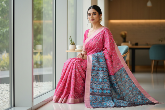 Dark Pink Semi Tussar Saree Pallu