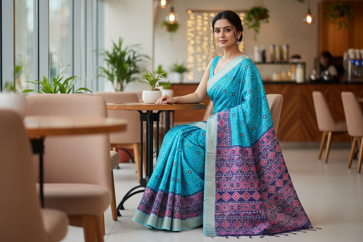 Sky Blue Semi Tussar Saree