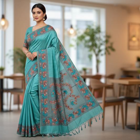 Sky Blue Semi Tussar Saree 