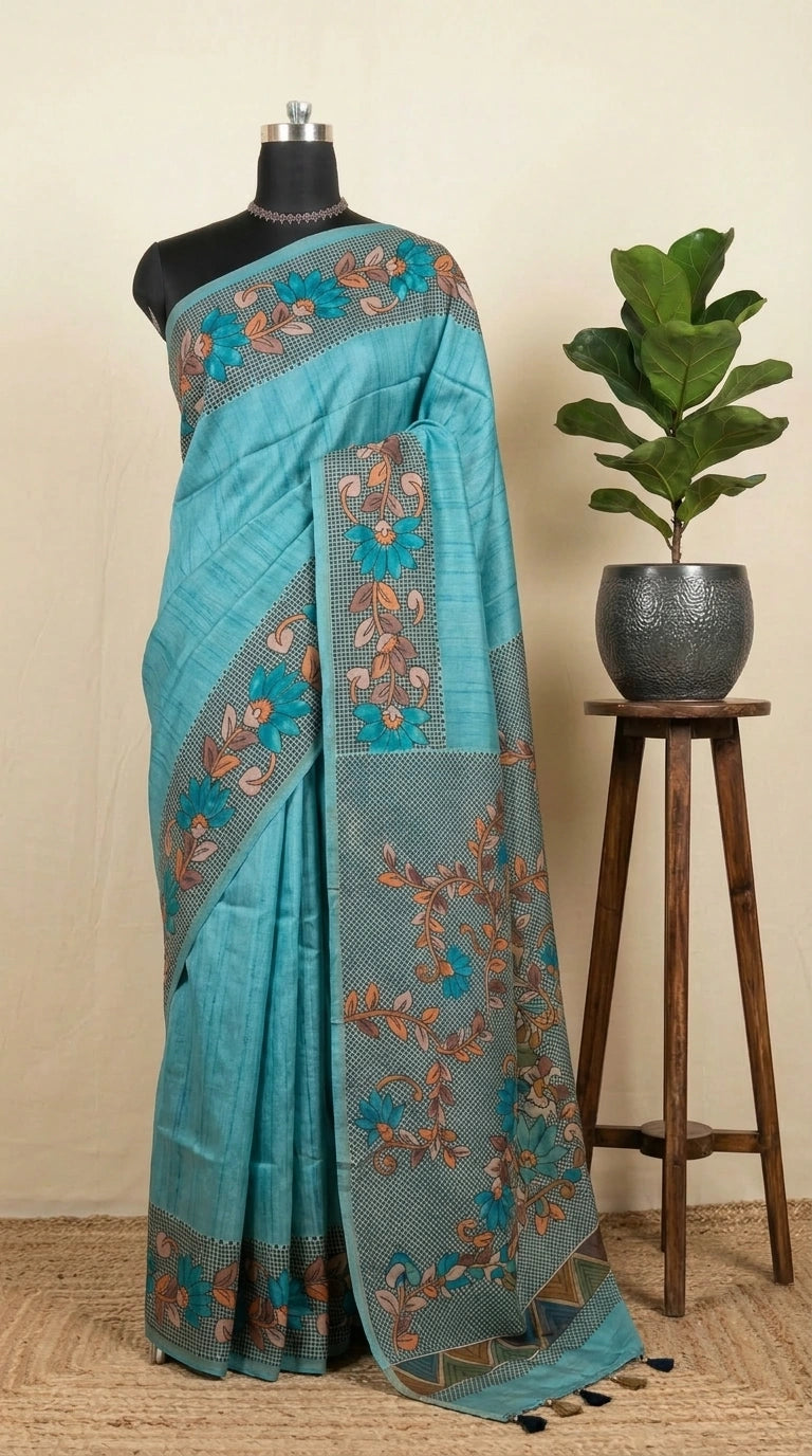 Sky Blue Semi Tussar Saree