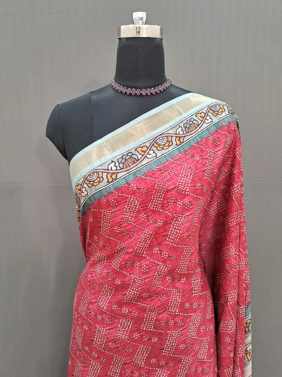 Pink semi Tussar saree with a white bandhani print 1