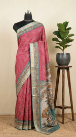Pink semi Tussar saree with a white bandhani print