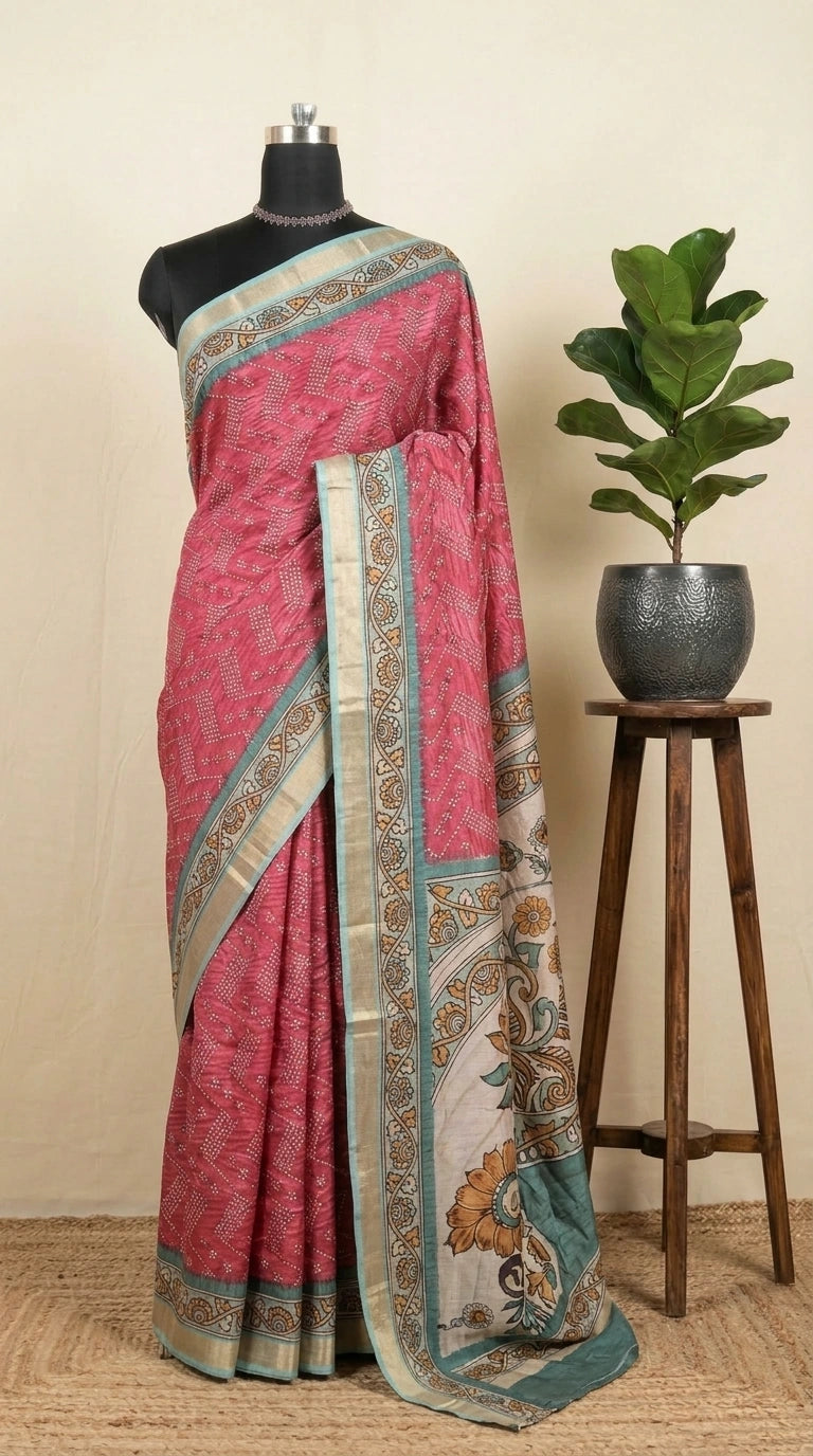 Pink semi Tussar saree with a white bandhani print