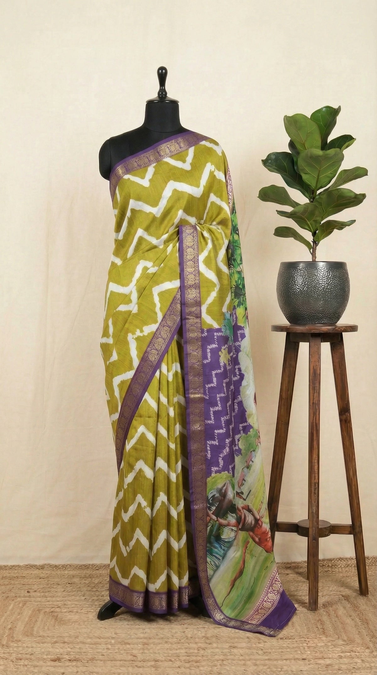 Olive Green Semi Tussar Saree