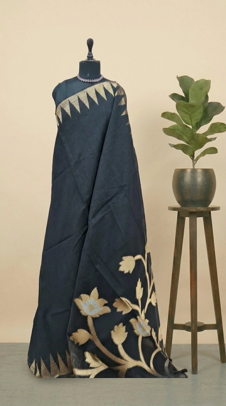 Black Plain Semi Tussar Saree 