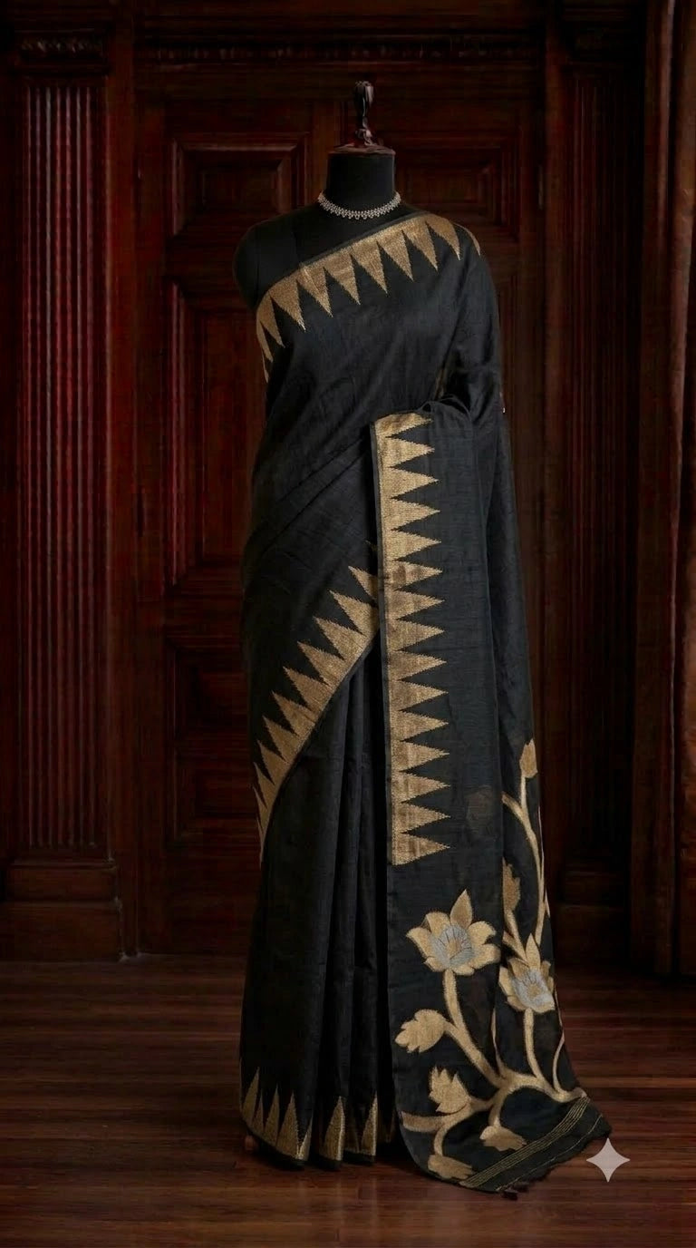 Black Plain Semi Tussar Saree 