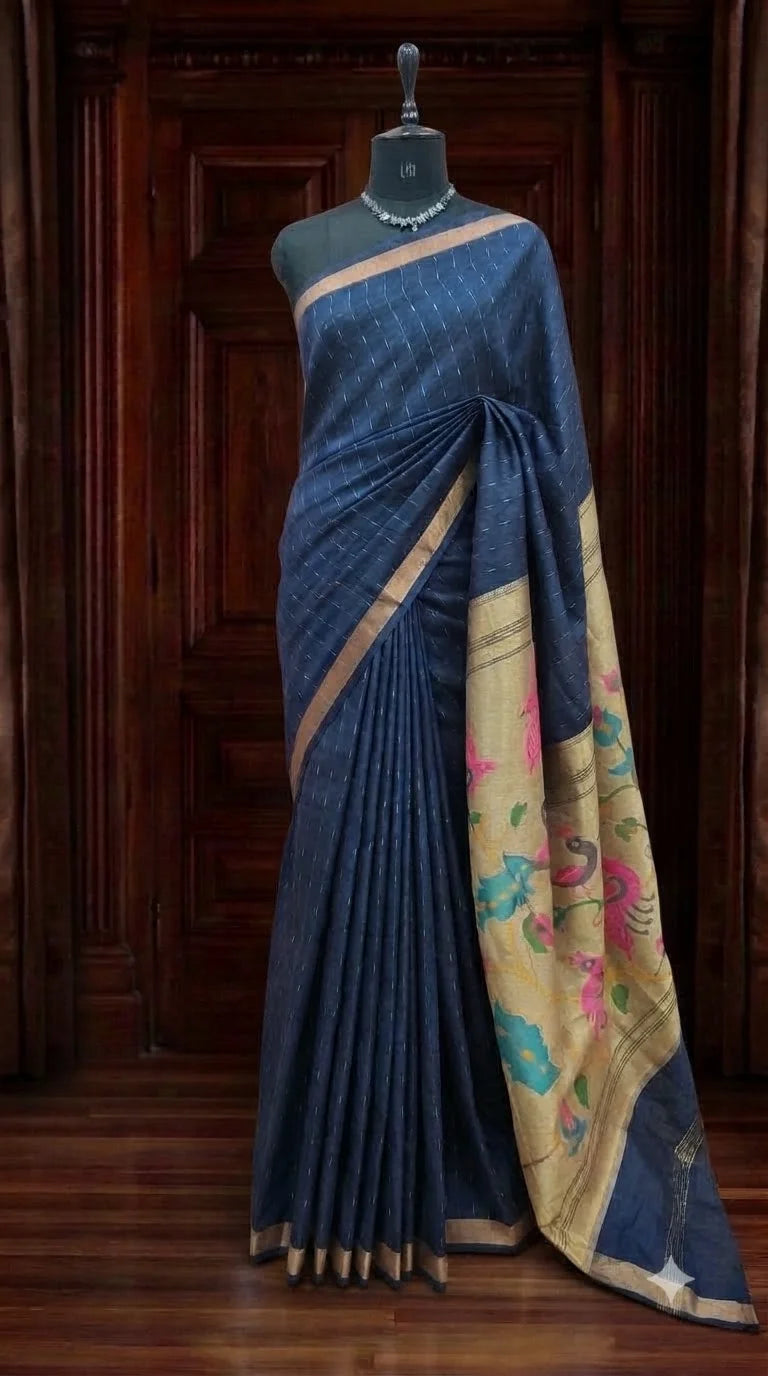 Navy Blue Semi Tussar Saree 