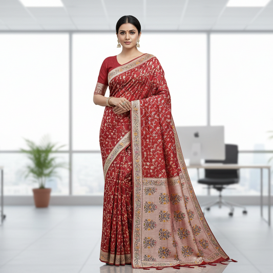 Tomato Red Tussar Georgette Saree
