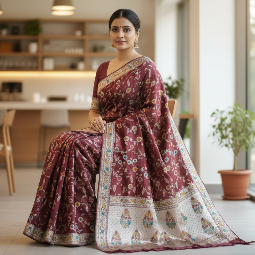 Chocolate Brown Tussar Georgette Saree