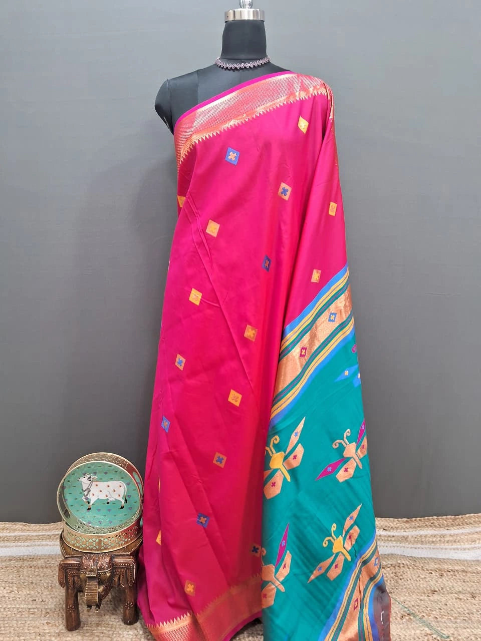 Rani Pink Woven Tussar Saree