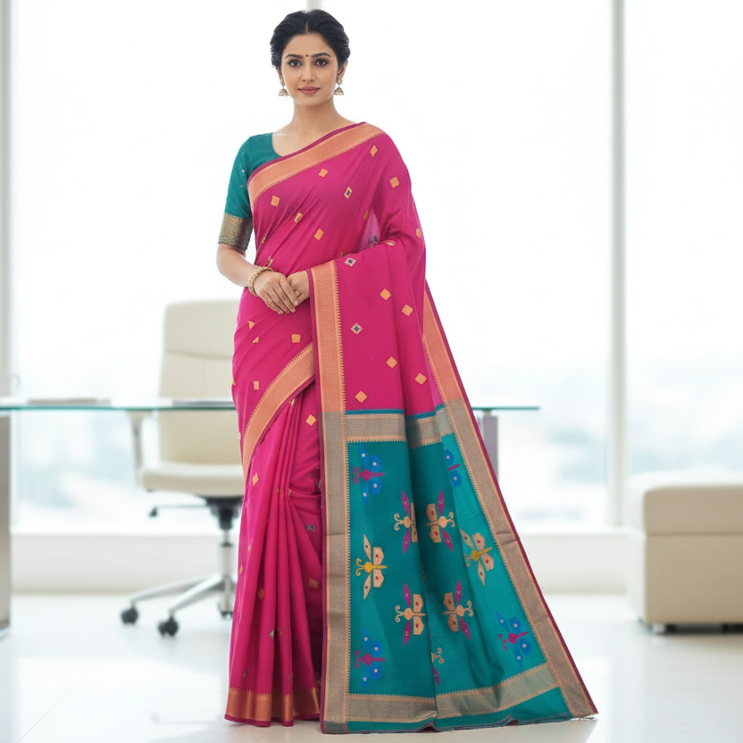 Rani Pink Woven Tussar Saree