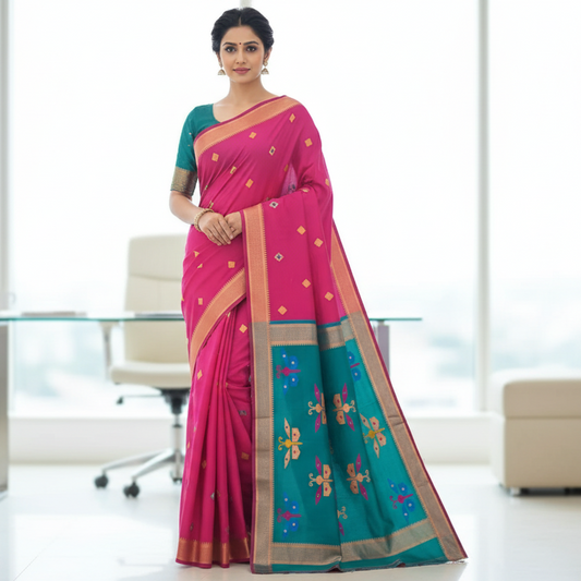 Rani Pink Woven Tussar Saree