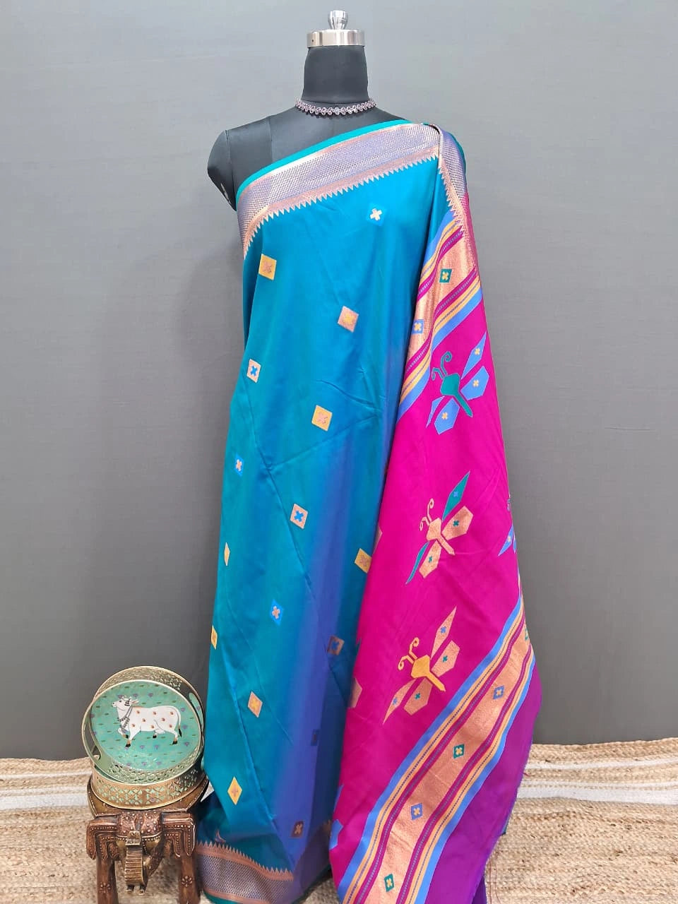 Caribbean Blue Woven Tussar Saree