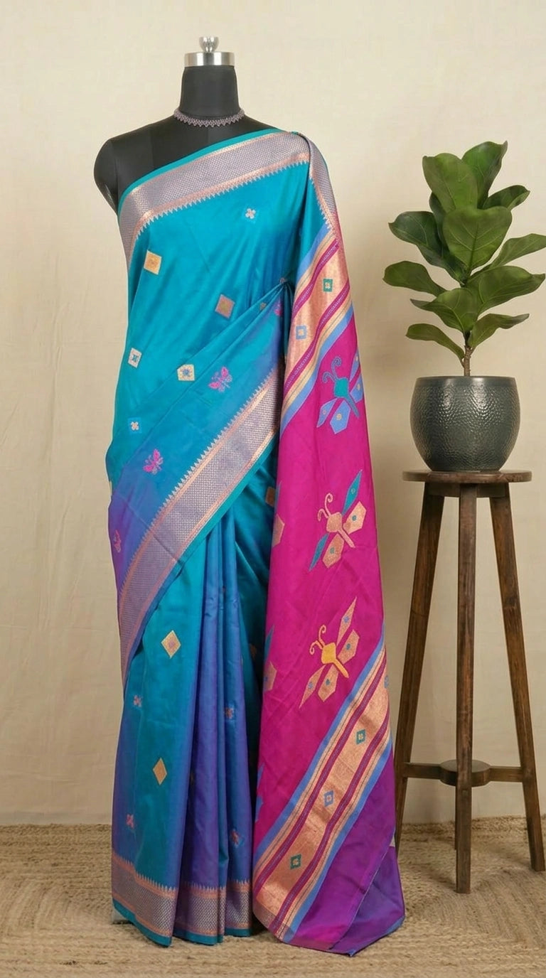 Caribbean Blue Woven Tussar Saree