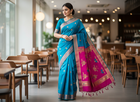 Caribbean Blue Woven Tussar Saree