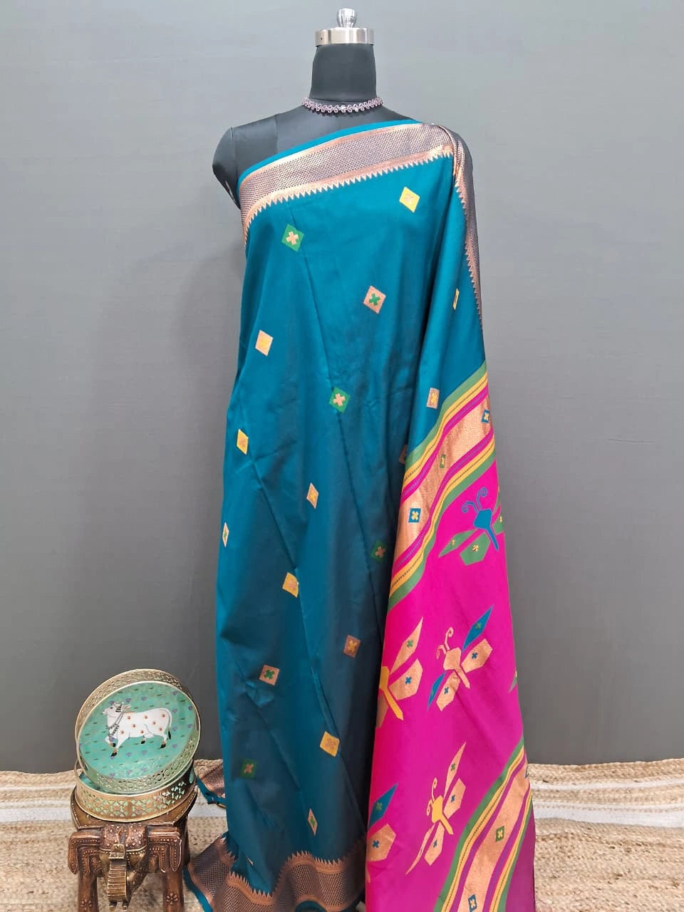 Teal Blue Woven Tussar Saree 