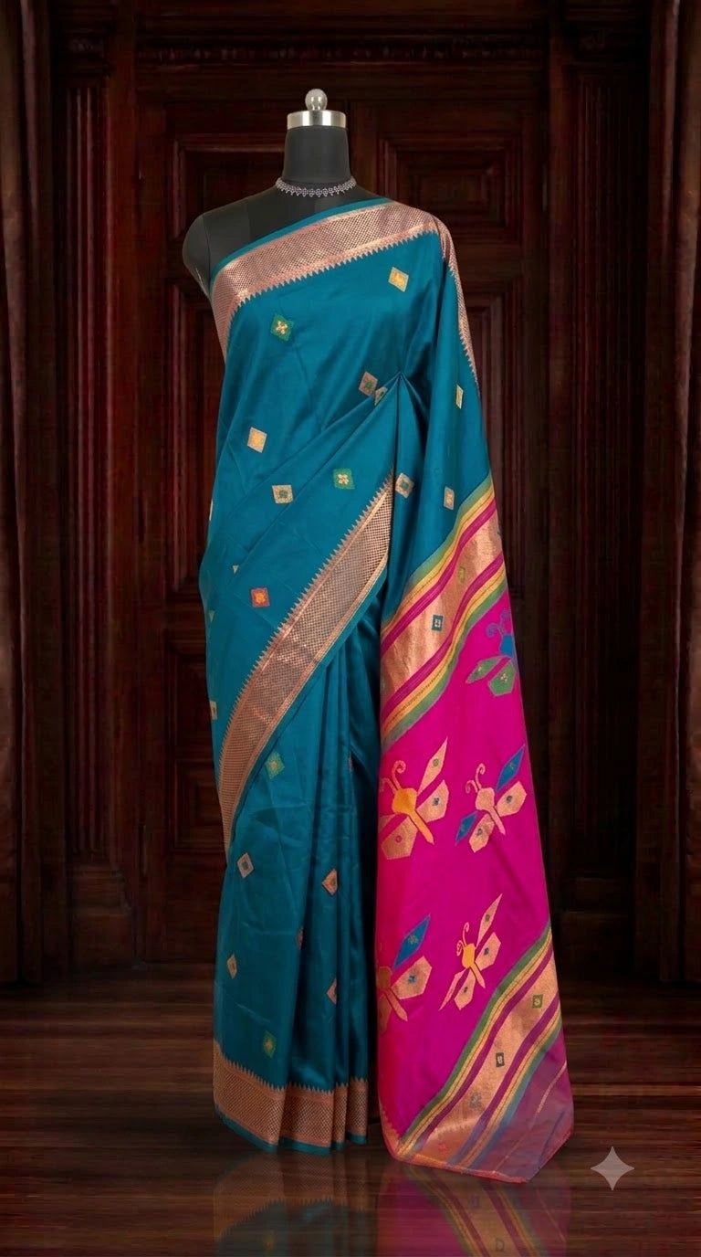 Teal Blue Woven Tussar Saree 