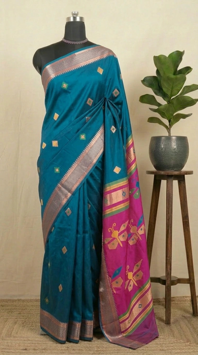Teal Blue Woven Tussar Saree 