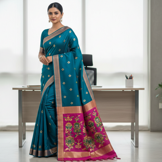 Teal Blue Woven Tussar Saree
