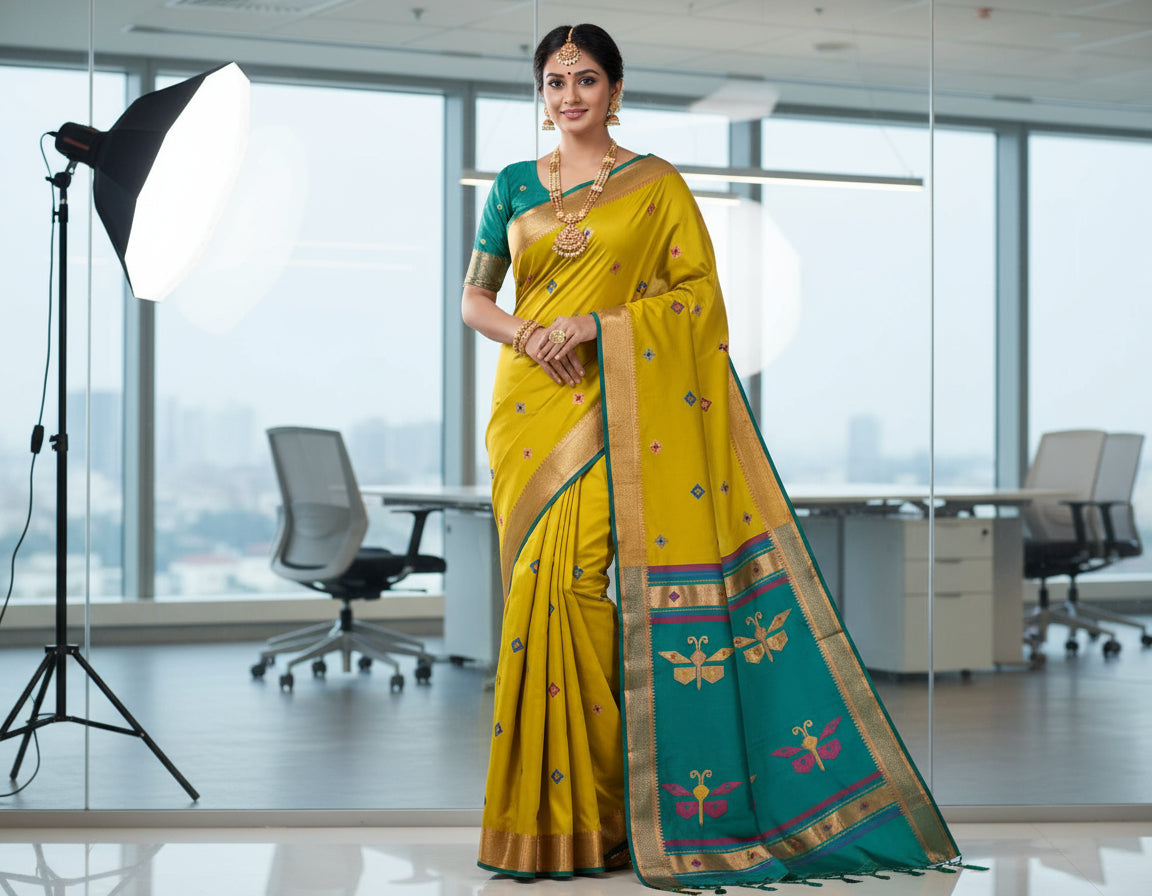 Lemon Yellow Woven Tussar Saree 
