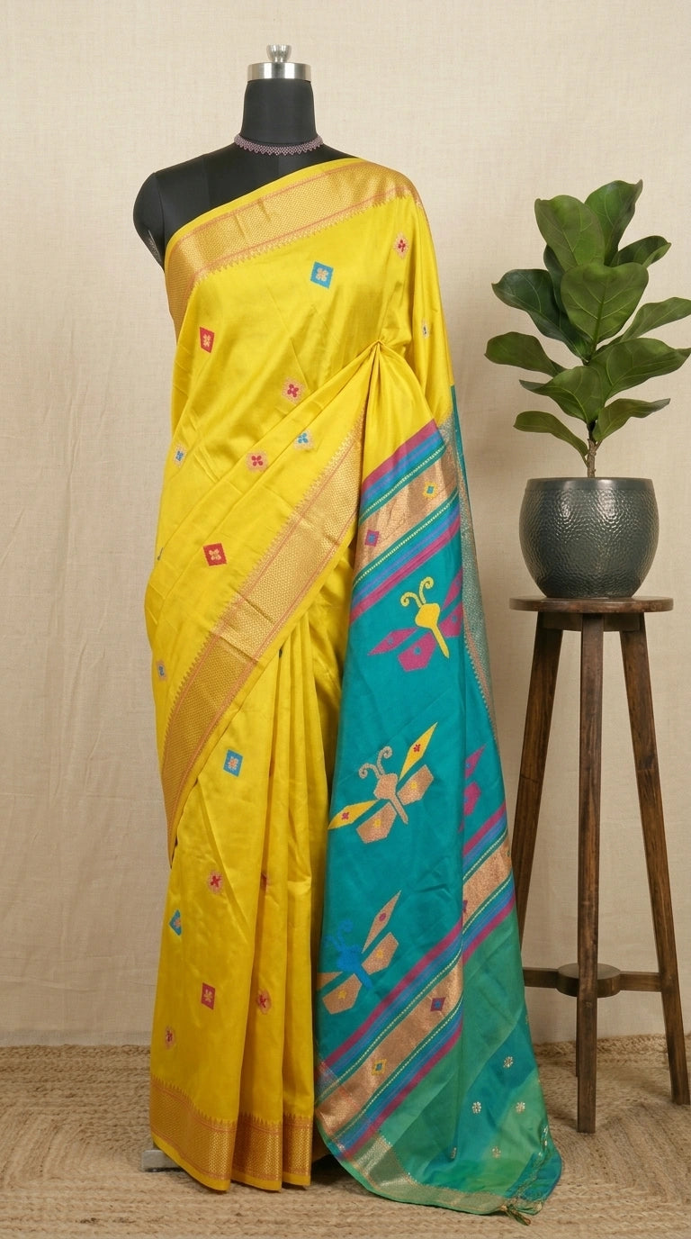 Lemon Yellow Woven Tussar Saree