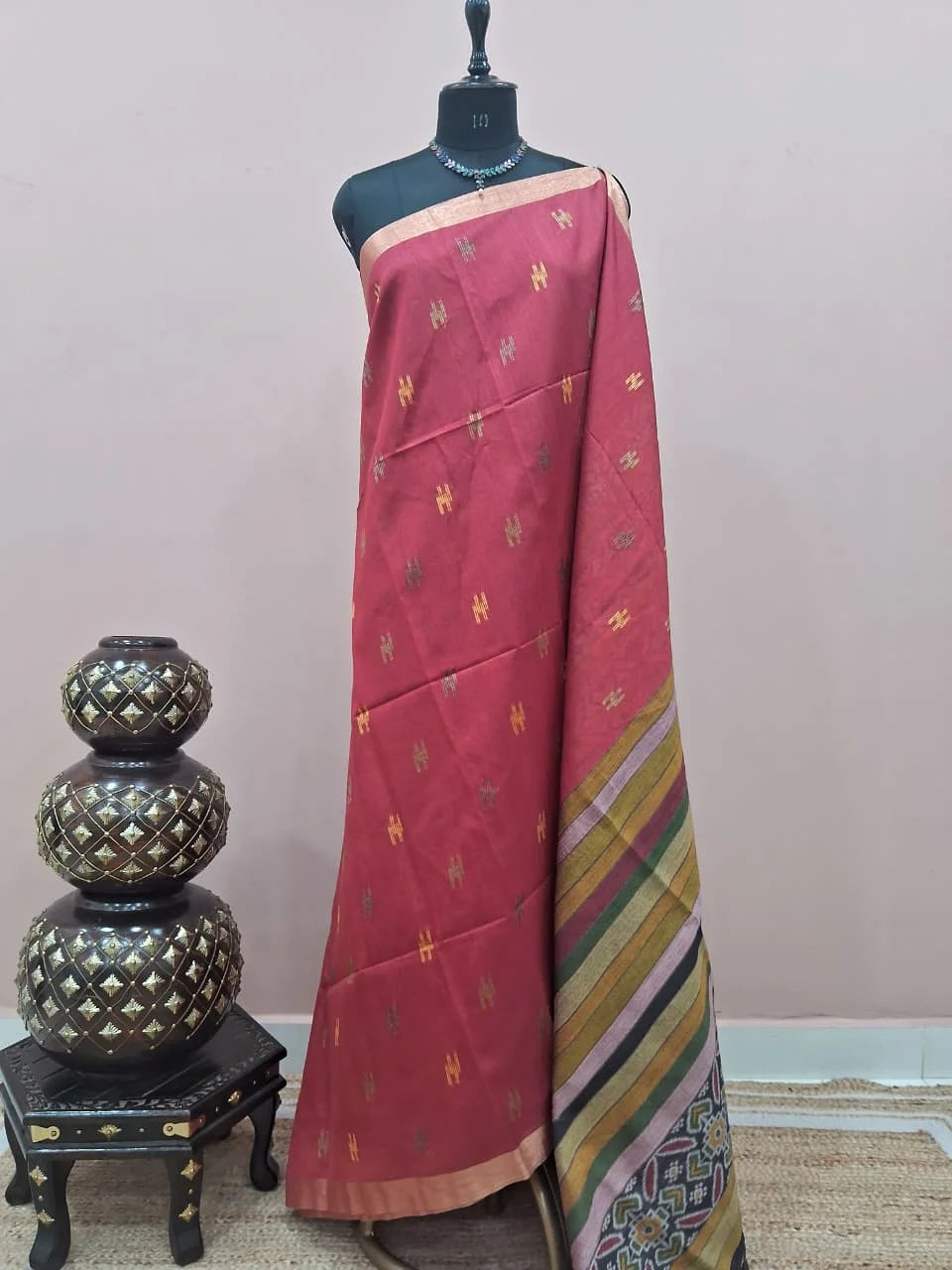 Reddish Pink Tussar Saree