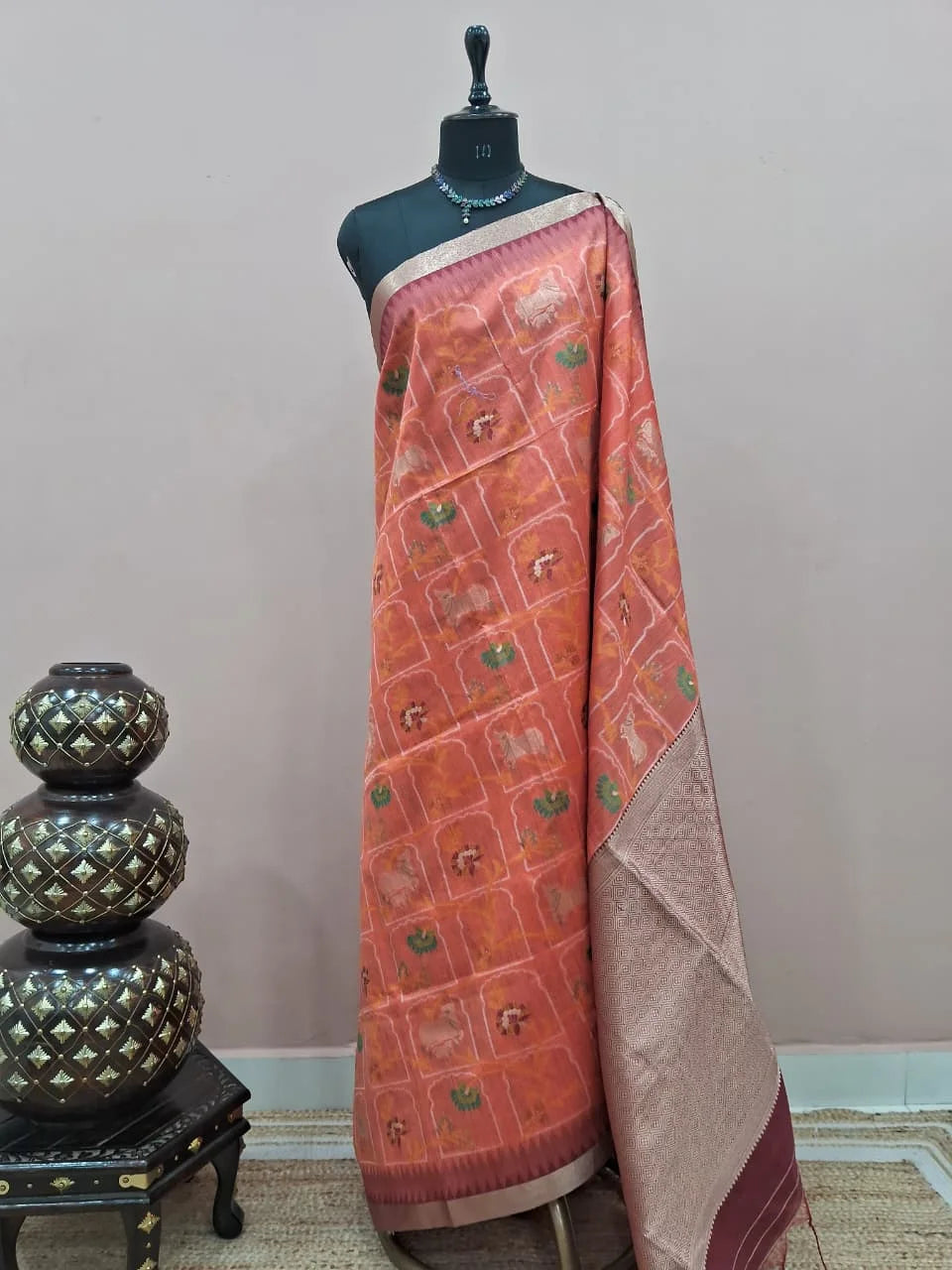Dark Peach Tussar Saree