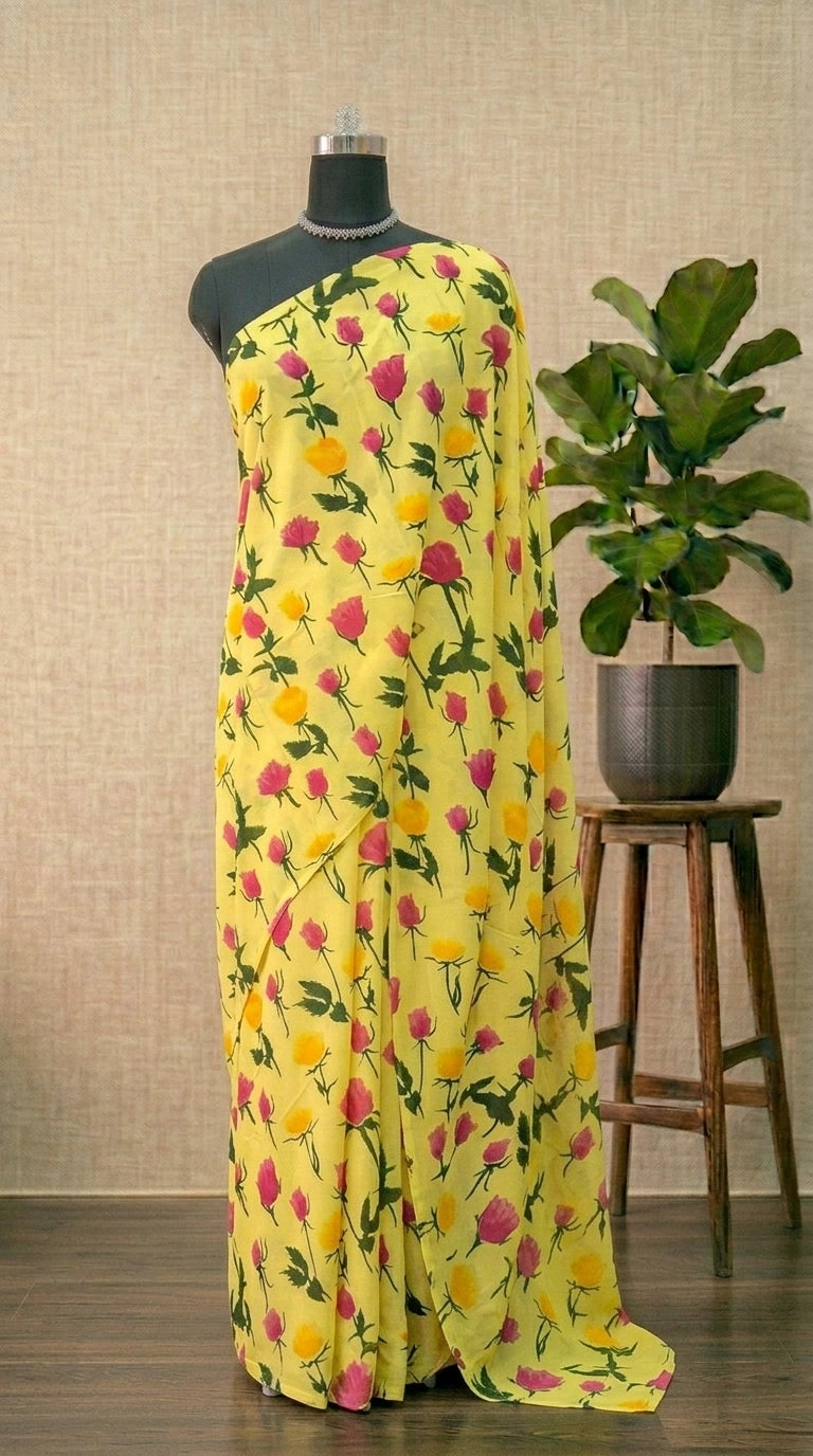 Yellow Mul Mul Cotton saree 