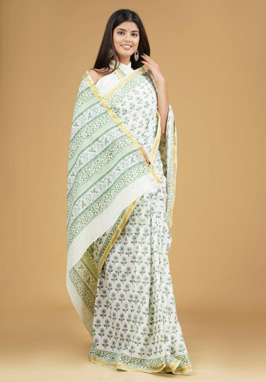 White mulmul zari cotton saree