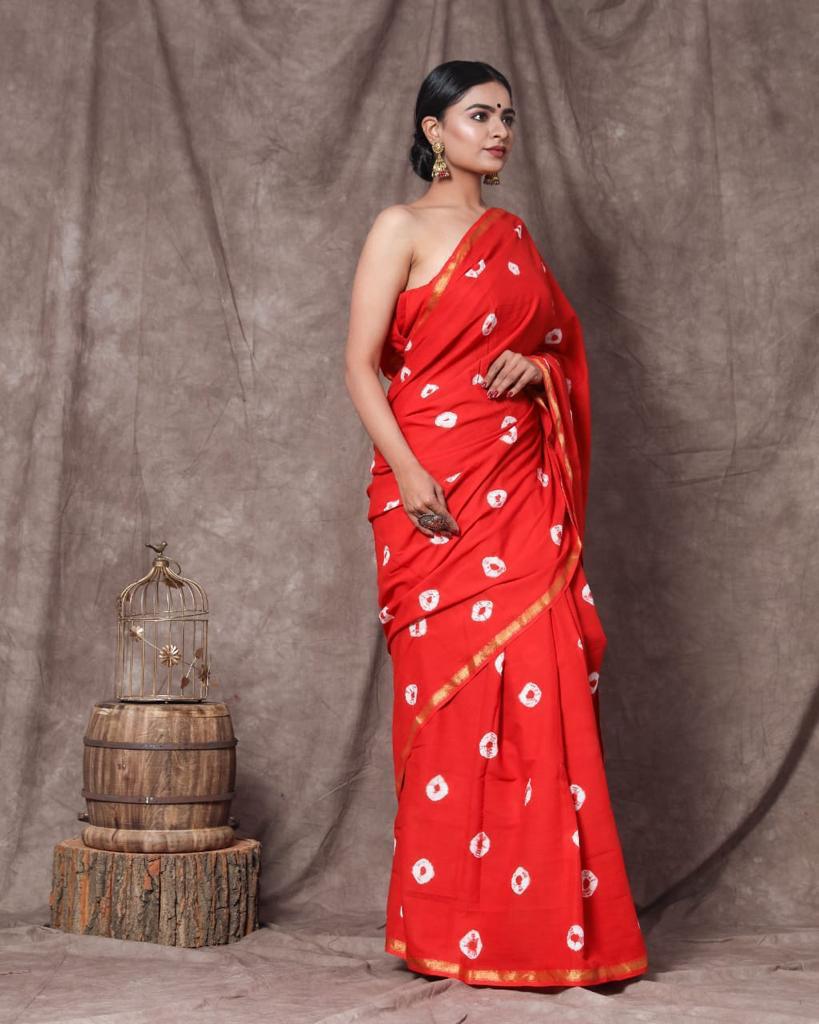 Red mulmul cotton saree 