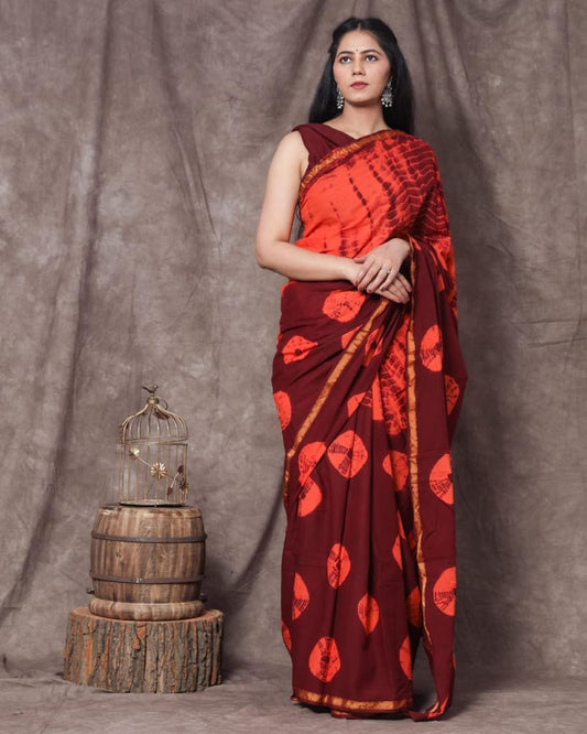 Brick red mulmul cotton saree