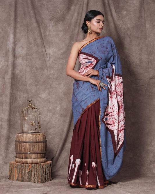 Maroon mulmul Zari partly style cotton saree 