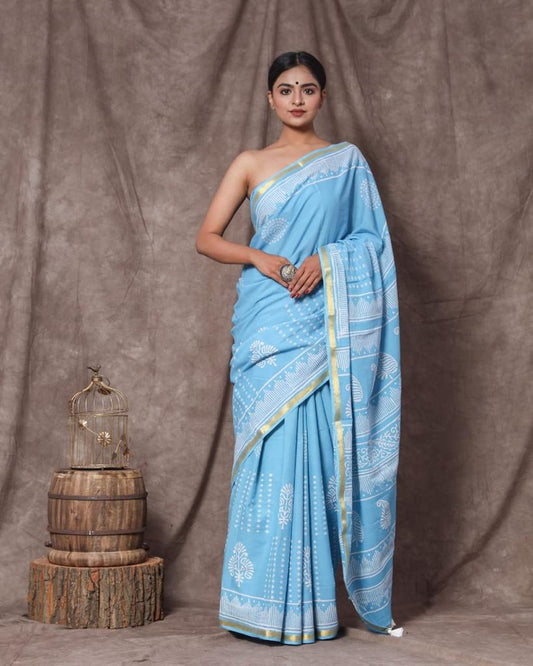 Powder blue mulmul cotton saree