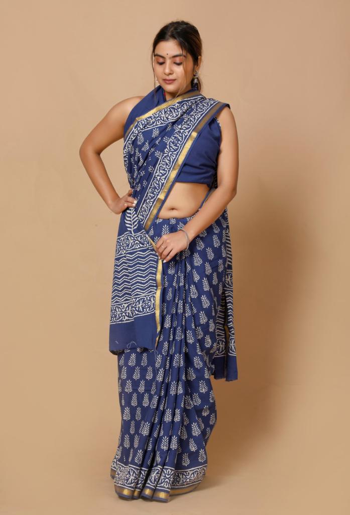 Blue mulmul cotton saree