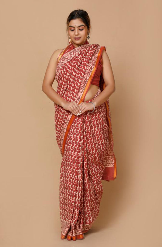 Brick red mulmul cotton saree 