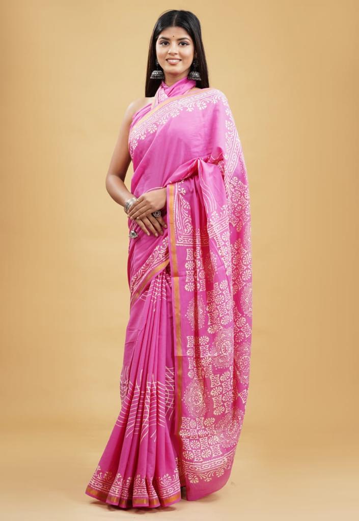 Pink mulmul cotton saree