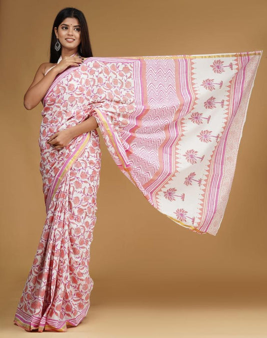 White mulmul cotton saree