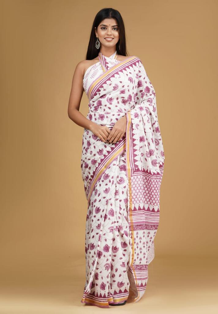 White mulmul cotton saree 