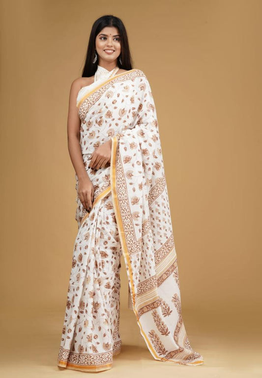 White mulmul cotton saree 