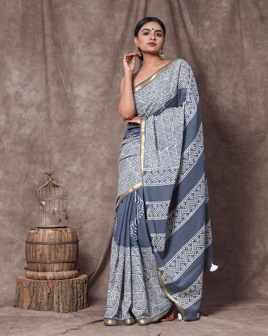 Grey mulmul cotton saree